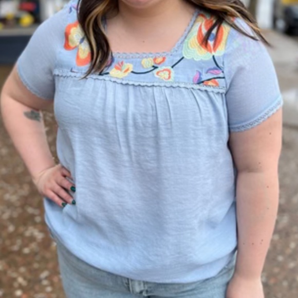 Floral Embroidered Light Blue Blouse - Picture 2 of 4